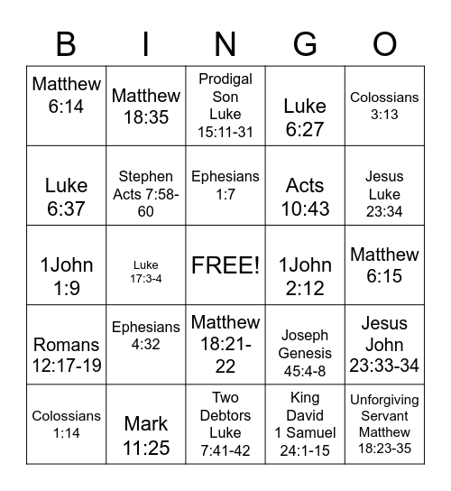 Forgiveness Bingo Card