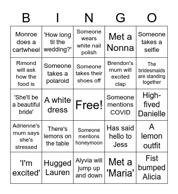 Adrienne's Bridal Shower Bingo Card