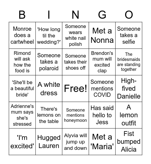 Adrienne's Bridal Shower Bingo Card