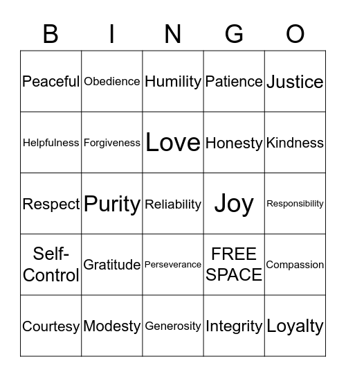 Godly Virtues Bingo Card