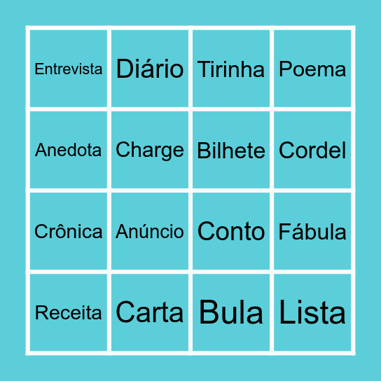 BINGO DOS GÊNEROS Bingo Card