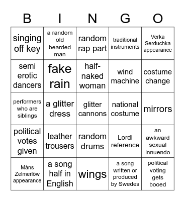 Eurovision Tropes & Clichés Bingo Card