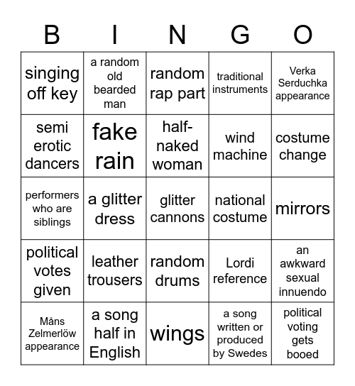 Eurovision Tropes & Clichés Bingo Card