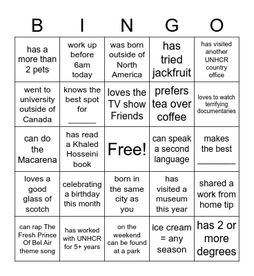 UNHCR Mix & Mingle Bingo Card