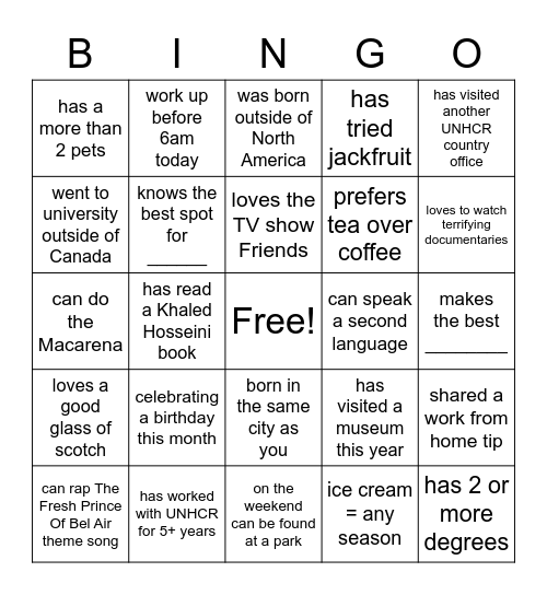 UNHCR Mix & Mingle Bingo Card