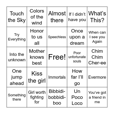Disney Jukebox Bingo Card
