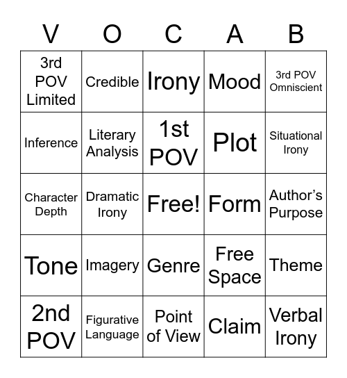Semester 1 Vocabulary Bingo Card