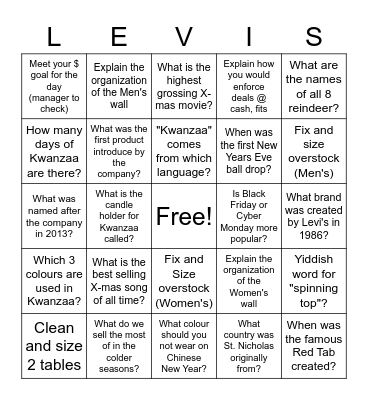 Levi's Holiday Bingo Card