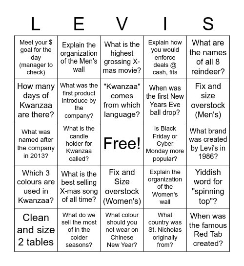 Levi's Holiday Bingo Card