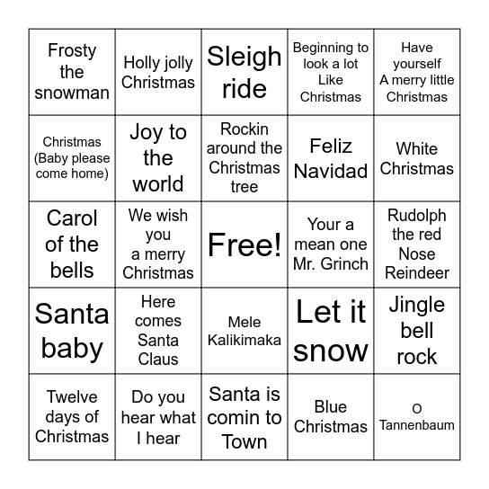 Christmas Jukebox Bingo Card