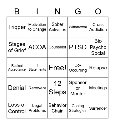 Recovery Bingo Card