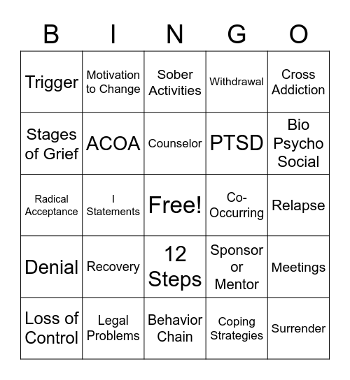 Recovery Bingo Card