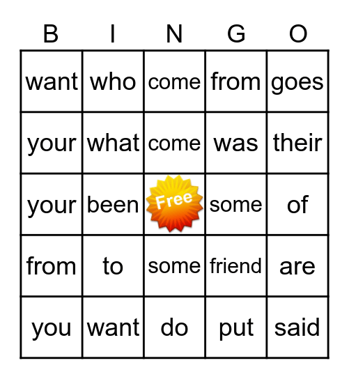 Sight Word Bingo Card