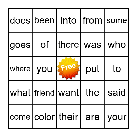 Sight Word Bingo Card