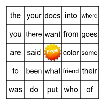 Sight Word Bingo Card