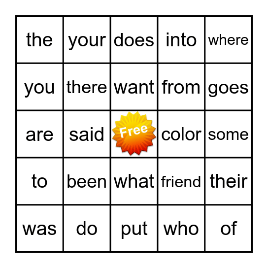 Sight Word Bingo Card