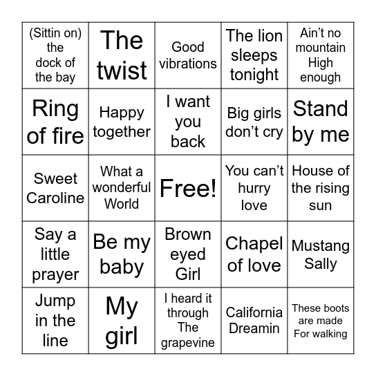 60’s Jukebox Bingo Card