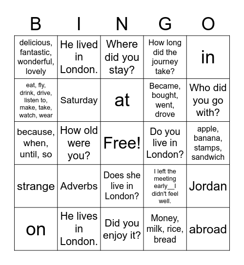 Unit 8- Bingo Revision Bingo Card