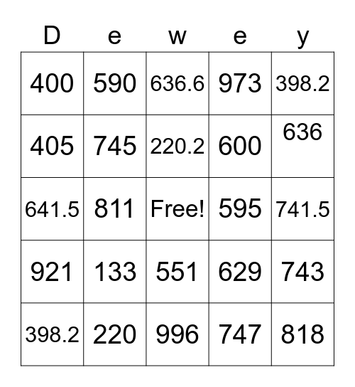 Dewey Bingo Card