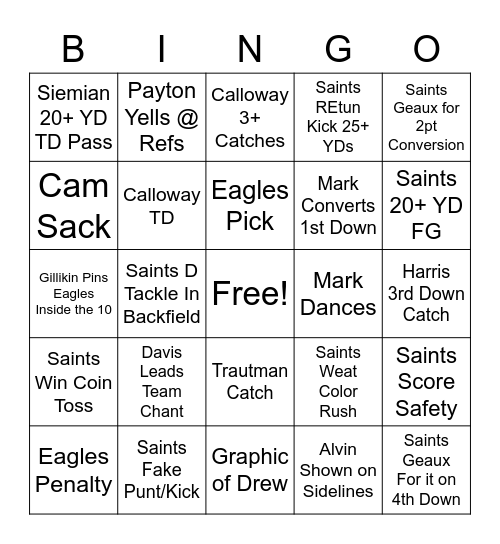 Saints Vs Bingo Card