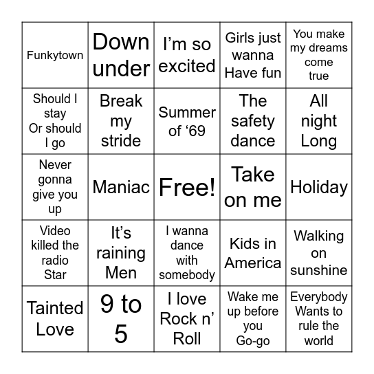 80’s Jukebox Bingo Card