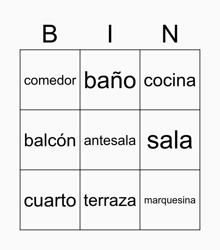 Partes de la casa Bingo Card