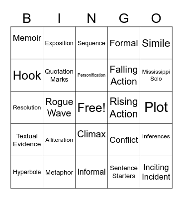 7th Grade ELA Bingo Card