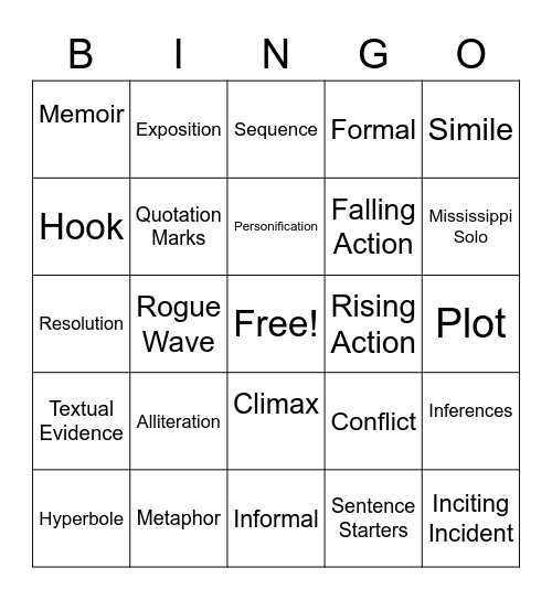 7th Grade ELA Bingo Card