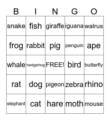 Animal Bingo Card