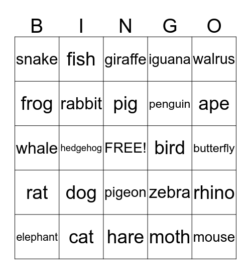 Animal Bingo Card