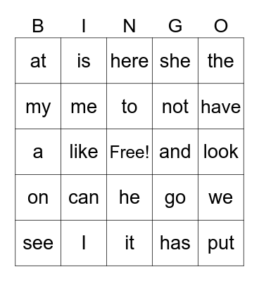 Sight Words Bingo Card