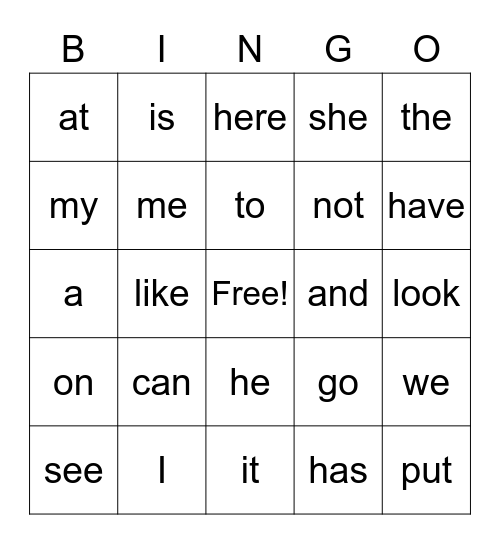 Sight Words Bingo Card
