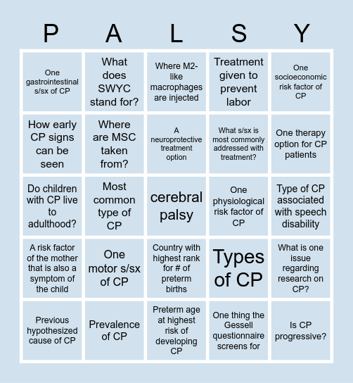 Cerebral Palsy Bingo Card