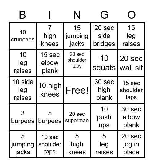 Fitness Bingo 1 Bingo Card