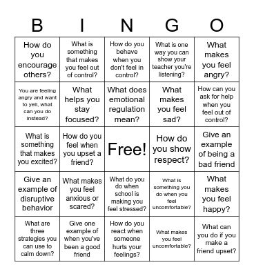 Emotional Regulation Bingo Card
