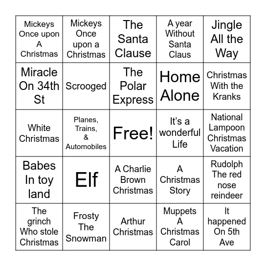 Christmas Movie Bingo Card