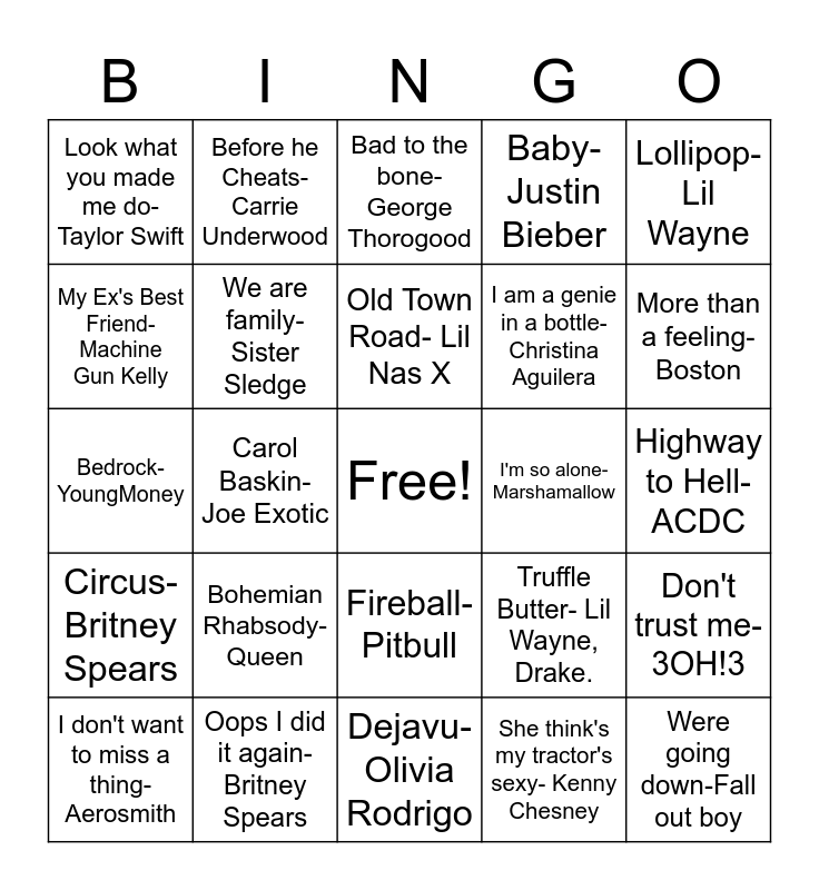 Musical Bingo Card