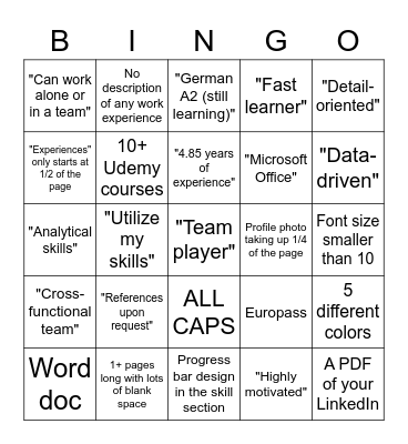 Generic CV Bingo Card