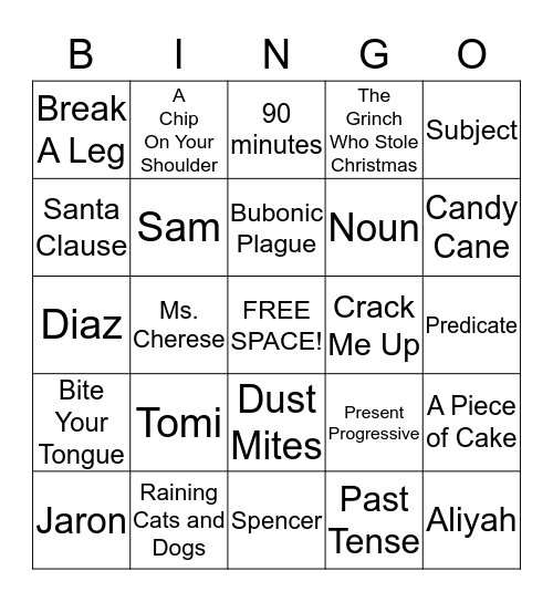 Winter Break Bingo!!! Bingo Card