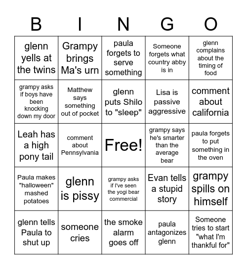 thanksgiving bingo Card