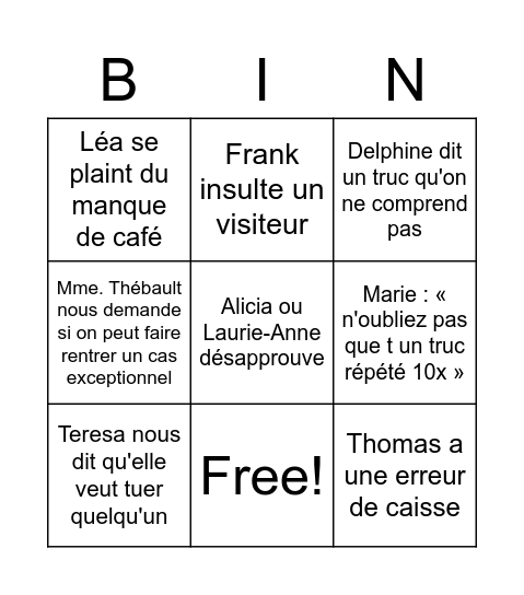 Bingo équipe Bingo Card