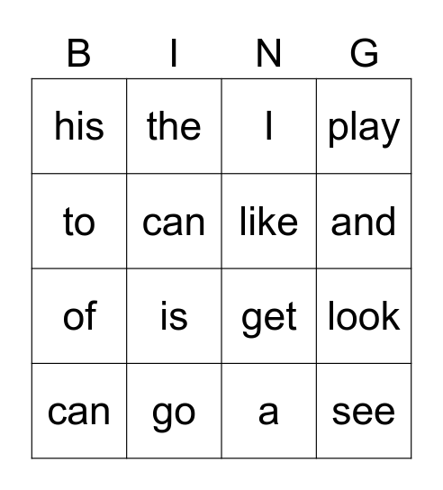 Sight Word BINGO Card