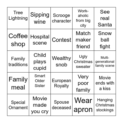 Pam's Hallmark Movie Bingo Card