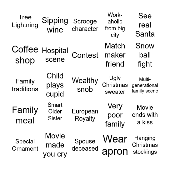 Pam's Hallmark Movie Bingo Card