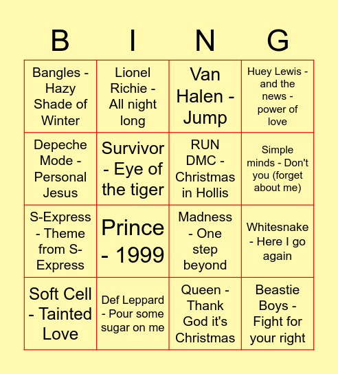 80's Crimbo Bingo Card