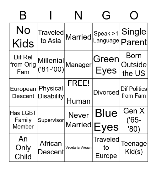 DIVERSITY Bingo Card