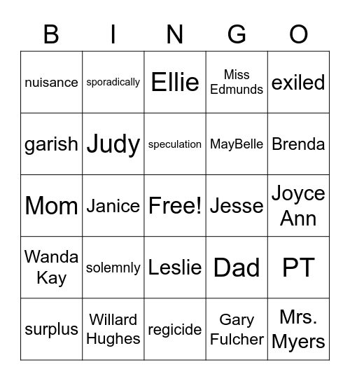 Bridge to Terabithia Quarter 2 Bingo Card