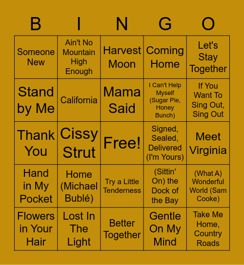 Thanksgiving Dinner Music Bingo Card