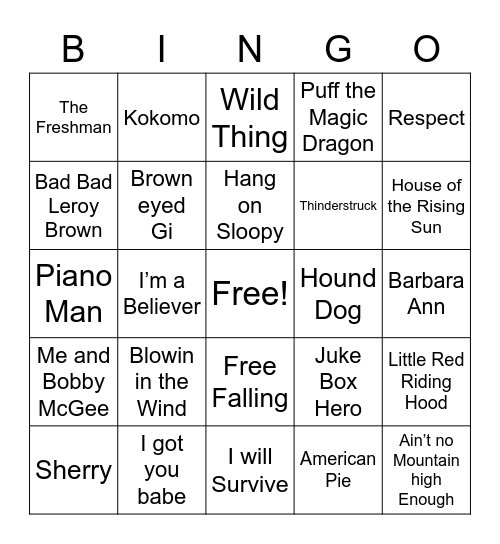 Song Bingo Card