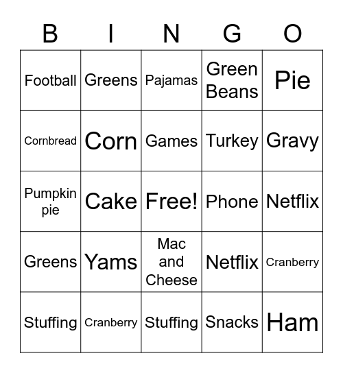 Thanksgiving Break Bingo Card